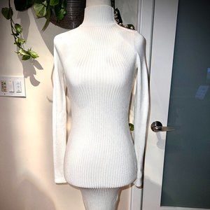 Marciano Cream Ribbed Stretchy Mockneck Sweater Dress w/ 5 Gold Buttons XS